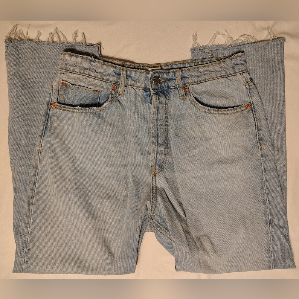 Zara Distressed High Rise Straight Leg Raw Hem Retro Women's Jeans Size 32